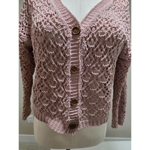 Crochet Knit Button-Up Cardigan Sweater In Mauve Pink With Long Sleeves & V-Neck - Picture 6 of 8